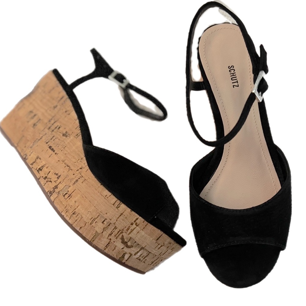 NWT $180 SCHUTZ | Heloise | Suede | Cork Platform Wedges in Black - Picture 2 of 12